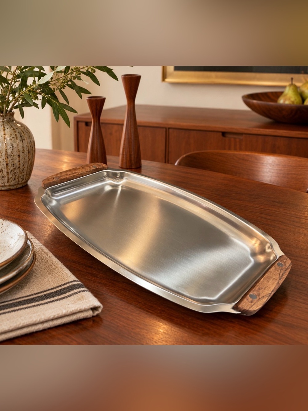 Selandia Denmark MCM Stainless Steel Rosewood Serving Tray Danish Modern